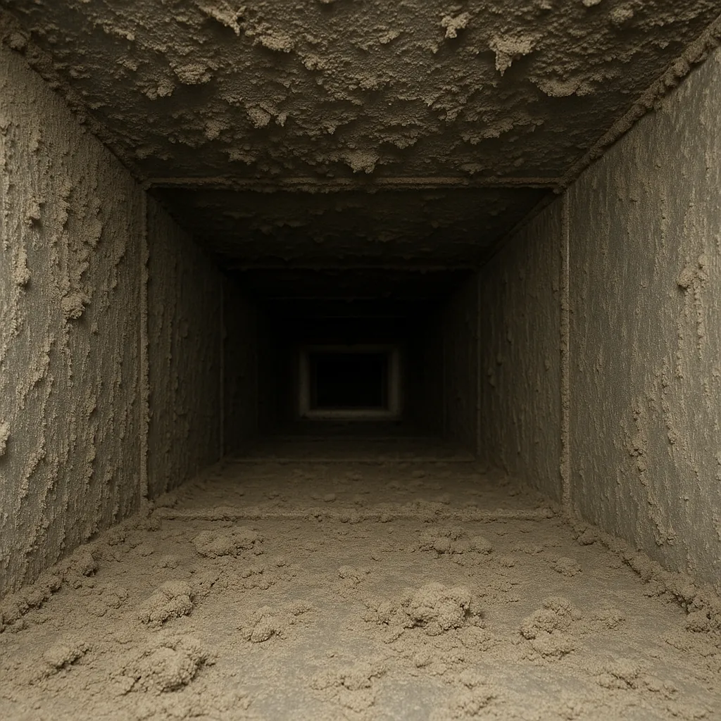 Interior of a commercial duct with heavy dust build-up before cleaning